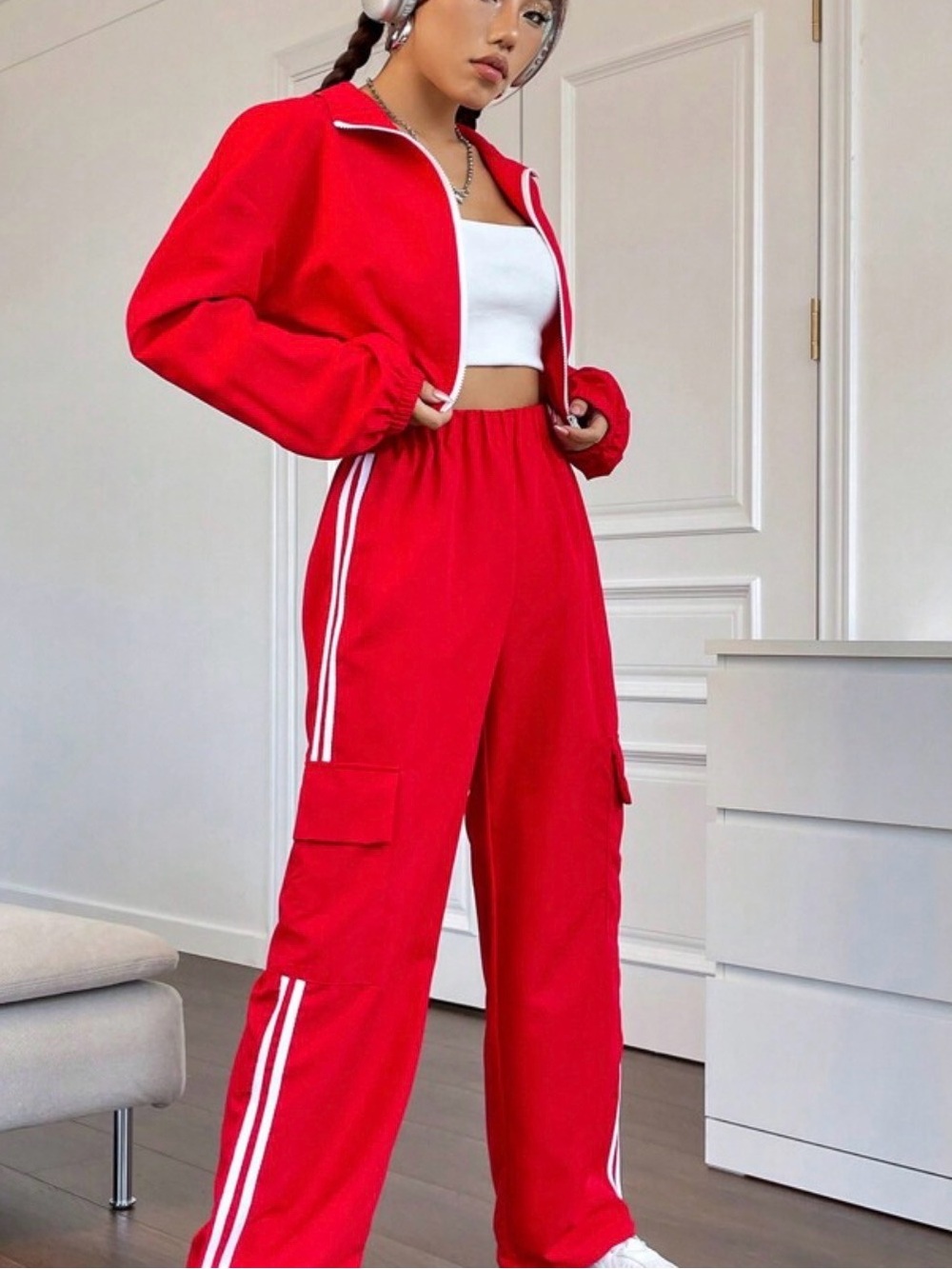 NEW Red High-Waist Cargo Track Pants - Women and Matching Crop Zip Up - 2 pieces